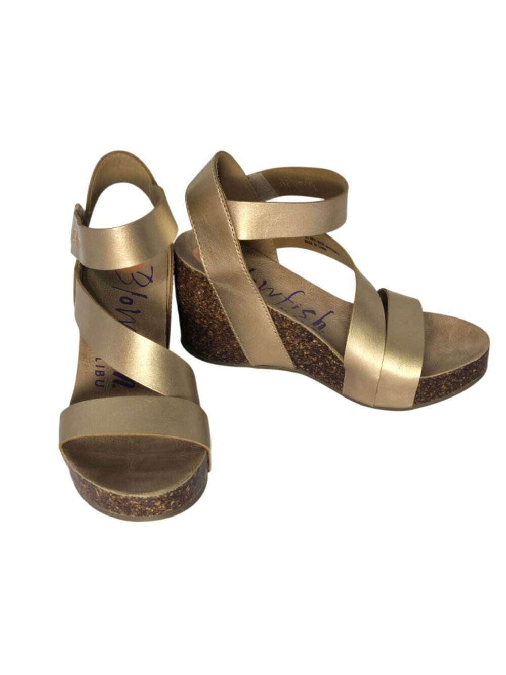 Blowfish Malibu Aurora Wedge Sandal Gold Metallic Size 7 Faux Cork Platform Heel